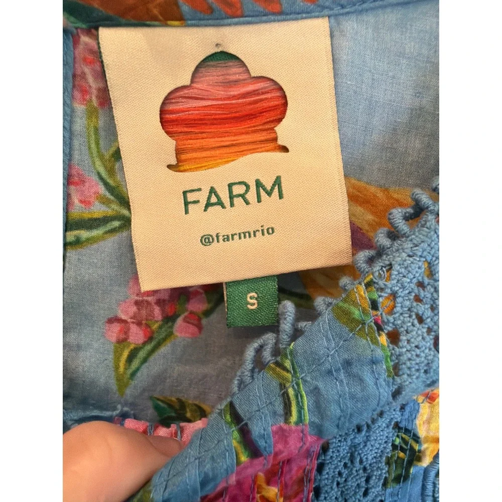 Farm Rio Blue Toucans Garden Tropical Floral Crochet Lace Puff Sleeve Blouse S